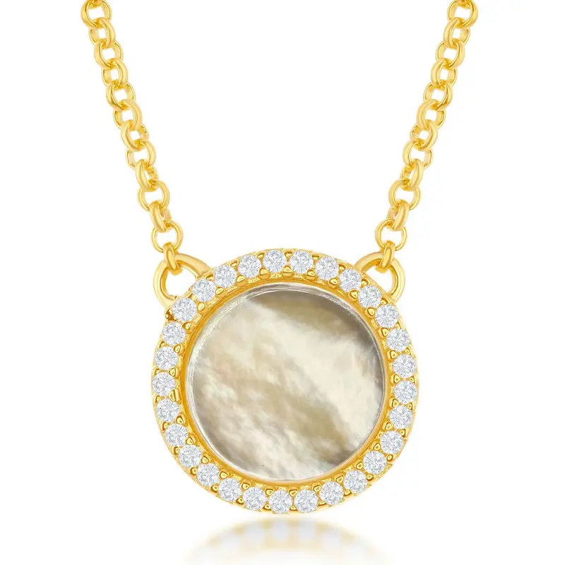 Sterling Silver Round MOP with CZ Border Necklace - Gold Plated