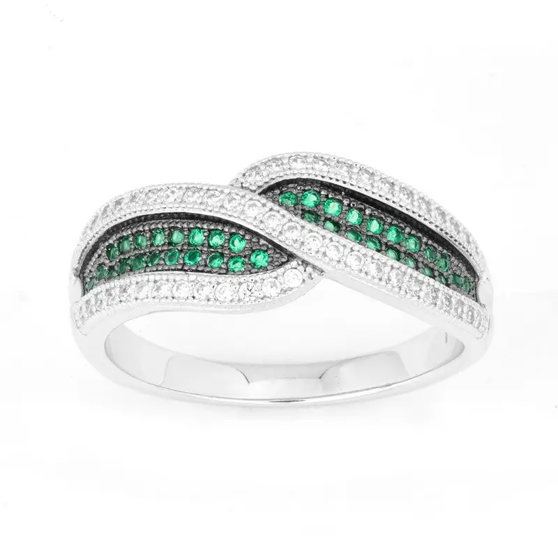 Sterling Silver Twisted Emerald and White CZ Micro Pave Ring