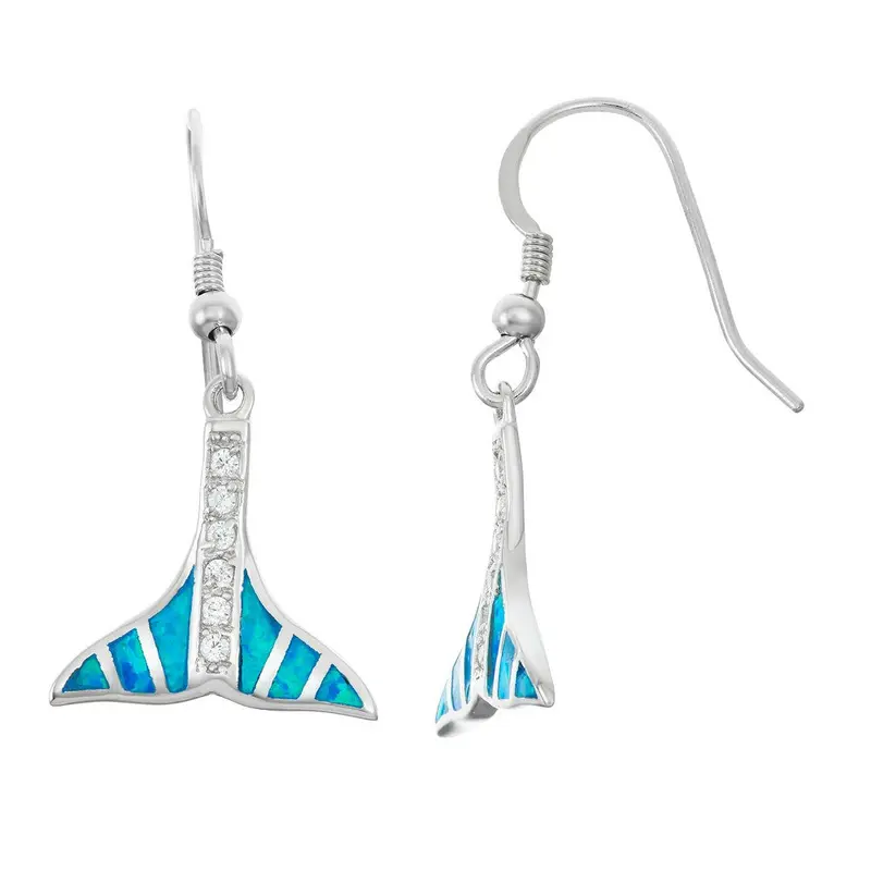 Sterling Silver Blue Inlay Opal and CZ Whale Tail Earrings