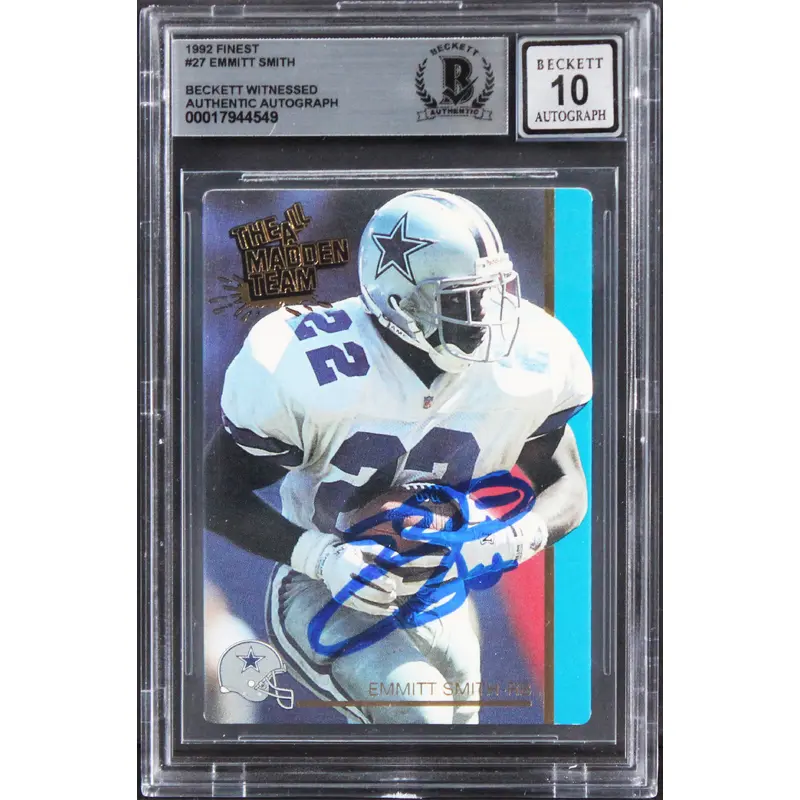 Cowboys Emmitt Smith Authentic Signed 1992 Finest #27 Card Auto 10! BAS Slabbed