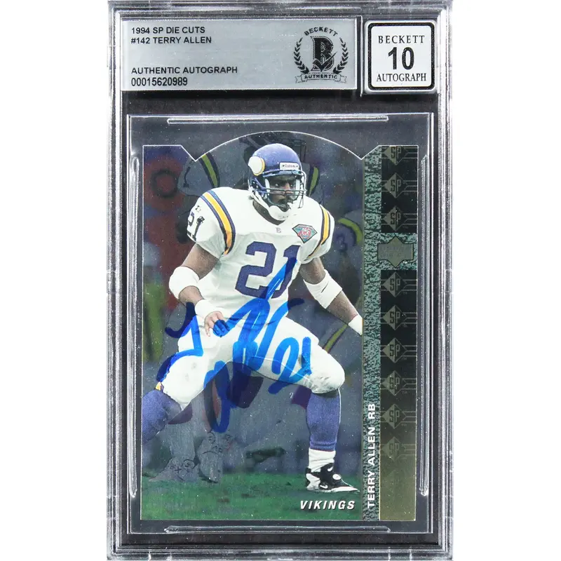 Vikings Terry Allen Signed 1994 SP Die Cuts #142 Card Auto 10! BAS Slabbed