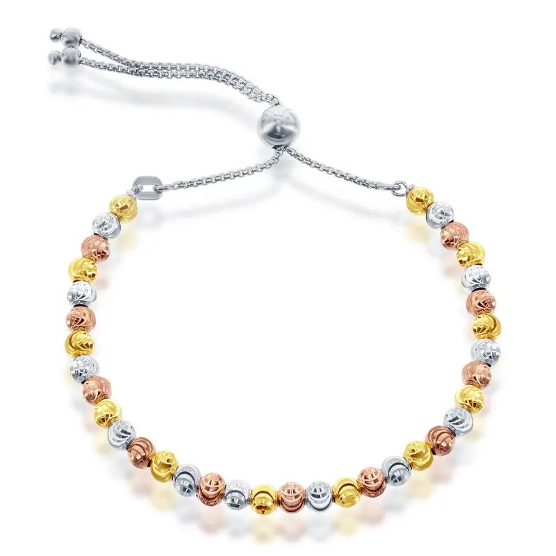Sterling Silver Round Diamond-Cut Moon Bead Adjustable Bolo Bracelet - Tri Color