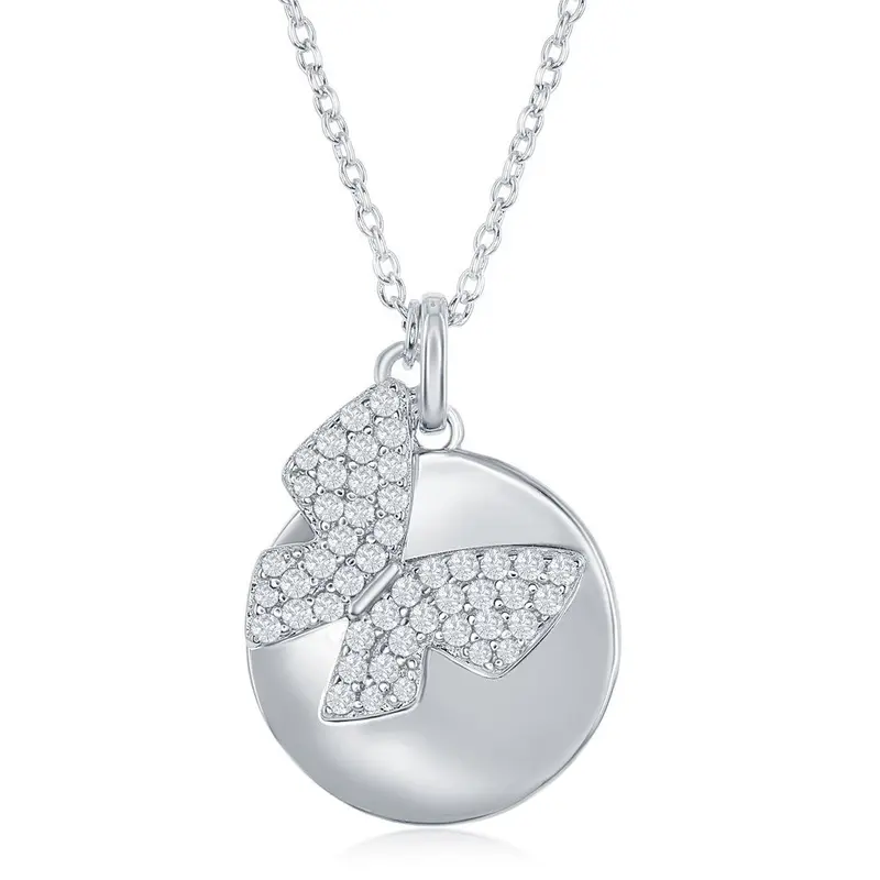 Sterling Silver Shiny Disc with Micro Pave Butterfly Necklace