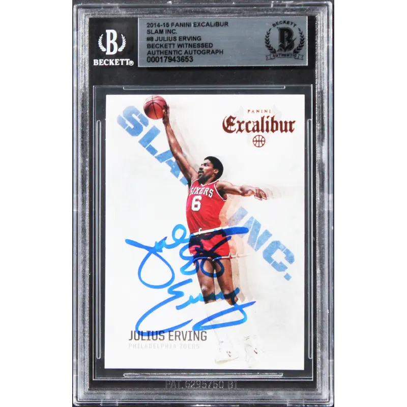 76ers Julius Erving Signed 2014 Panini Excalibur Slam Inc. #8 Card BAS Slabbed