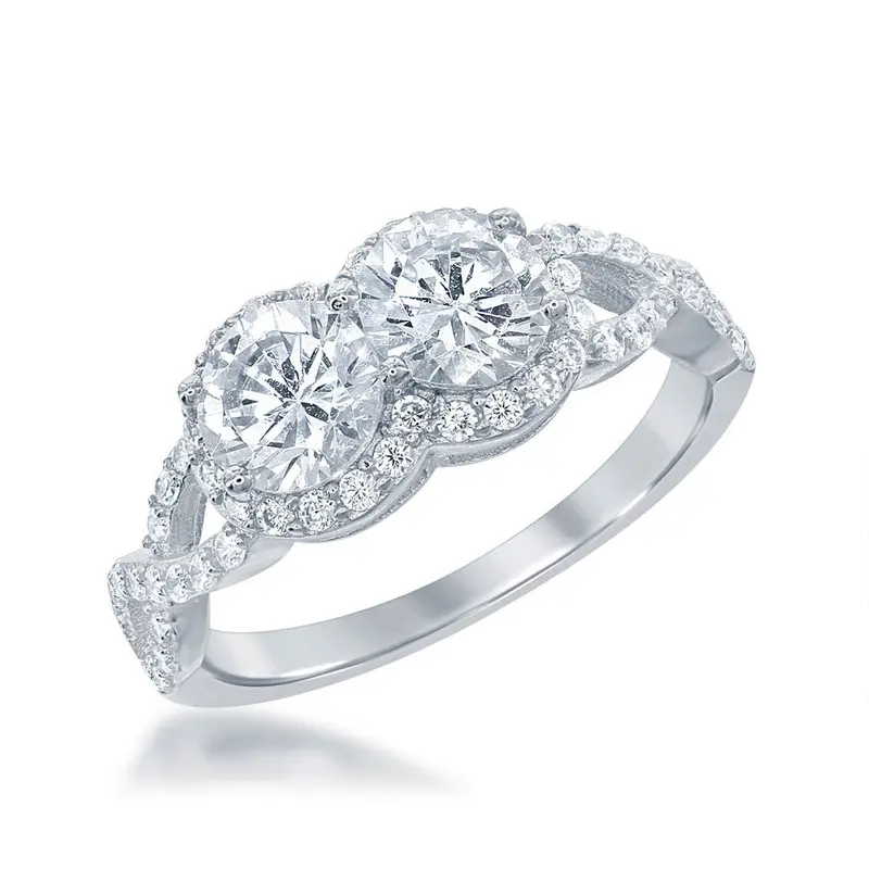 Sterling Silver "Us2gether" Two-Stone Ring with CZ Border